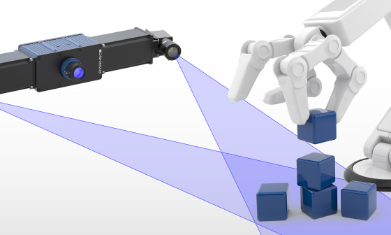 상자를 쌓는 로봇 팔과 엔센소 3D 카메라의 일러스트레이션.
