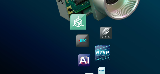 TOF, EVS, REC, RTSP, AI, MPEG, H264를 위한 여러 아이콘이 있는 IDS uEye 이벤트 기반 카메라.