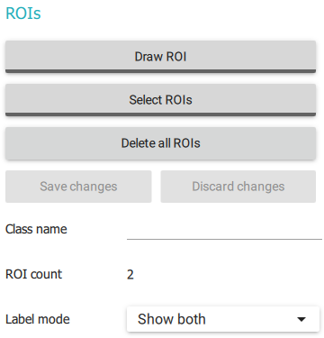 다양한 옵션이 있는 ROI 관리자의 스크린샷입니다: ROI 그리기, ROI 선택, 모든 ROI 삭제, 변경 사항 저장, 변경 사항 삭제, 클래스 이름, ROI 수, 레이블 모드