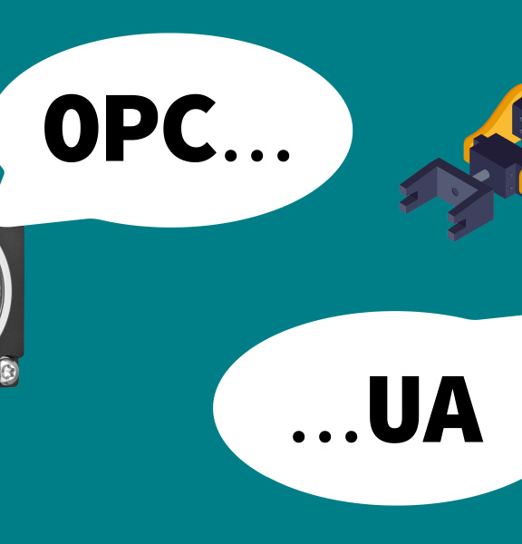 uEye 카메라와 로봇(각각 잘림)이 말풍선 속에서 OPC UA에 대해 서로 대화하고 있습니다.