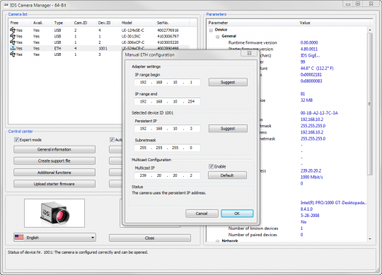 산업용 카메라 용 IDS Software Suite: IDS 카메라 매니저 - 매뉴얼 ETH 설정
