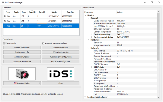 IDS 카메라 관리자 및 애플리케이션 스크린샷(예: 카메라 목록, 장치 세부 정보)