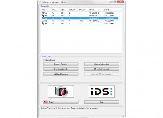 산업용 카메라 용 IDS Software Suite: IDS 카메라 매니저 - 카메라 목록