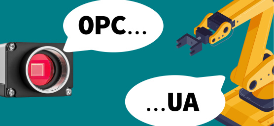 uEye 카메라와 로봇(각각 잘림)이 말풍선 속에서 OPC UA에 대해 서로 대화하고 있습니다.