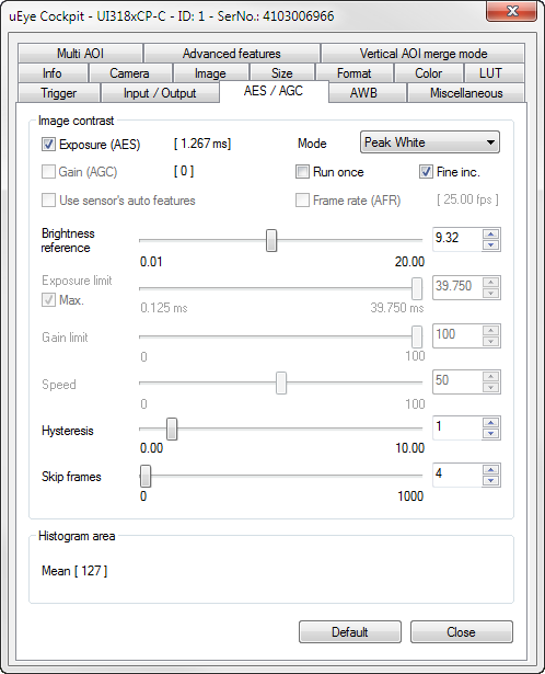 uEye LE USB 3.1 Gen 1의 플래시 기능 설정 스크린샷