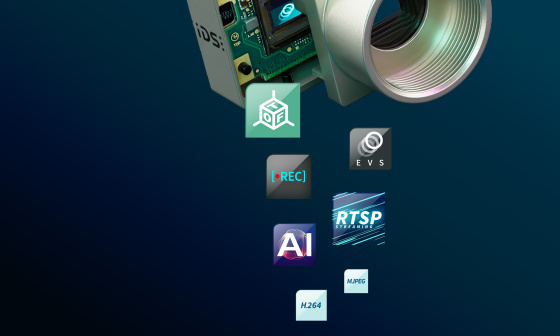TOF, EVS, REC, RTSP, AI, MPEG, H264를 위한 여러 아이콘이 있는 IDS uEye 이벤트 기반 카메라.