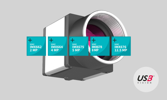 5개의 사각형에 IMX 센서 명칭이 표시된 IDS 카메라와 USB3 Vision 아이콘