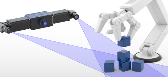 상자를 쌓는 로봇 팔과 엔센소 3D 카메라의 일러스트레이션.