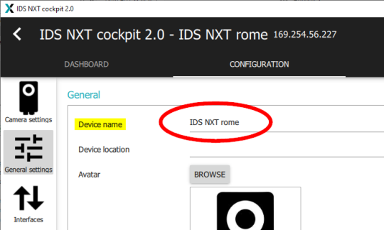 일반 설정에서 장치 이름 IDS NXT rome은 빨간색 원으로 표시되어 있습니다.