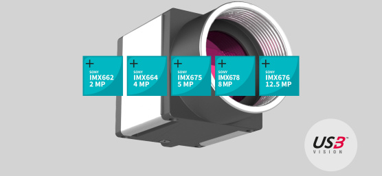 5개의 사각형에 IMX 센서 명칭이 표시된 IDS 카메라와 USB3 Vision 아이콘