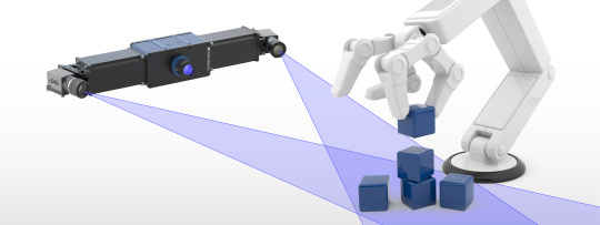 상자를 쌓는 로봇 팔과 엔센소 3D 카메라의 일러스트레이션.